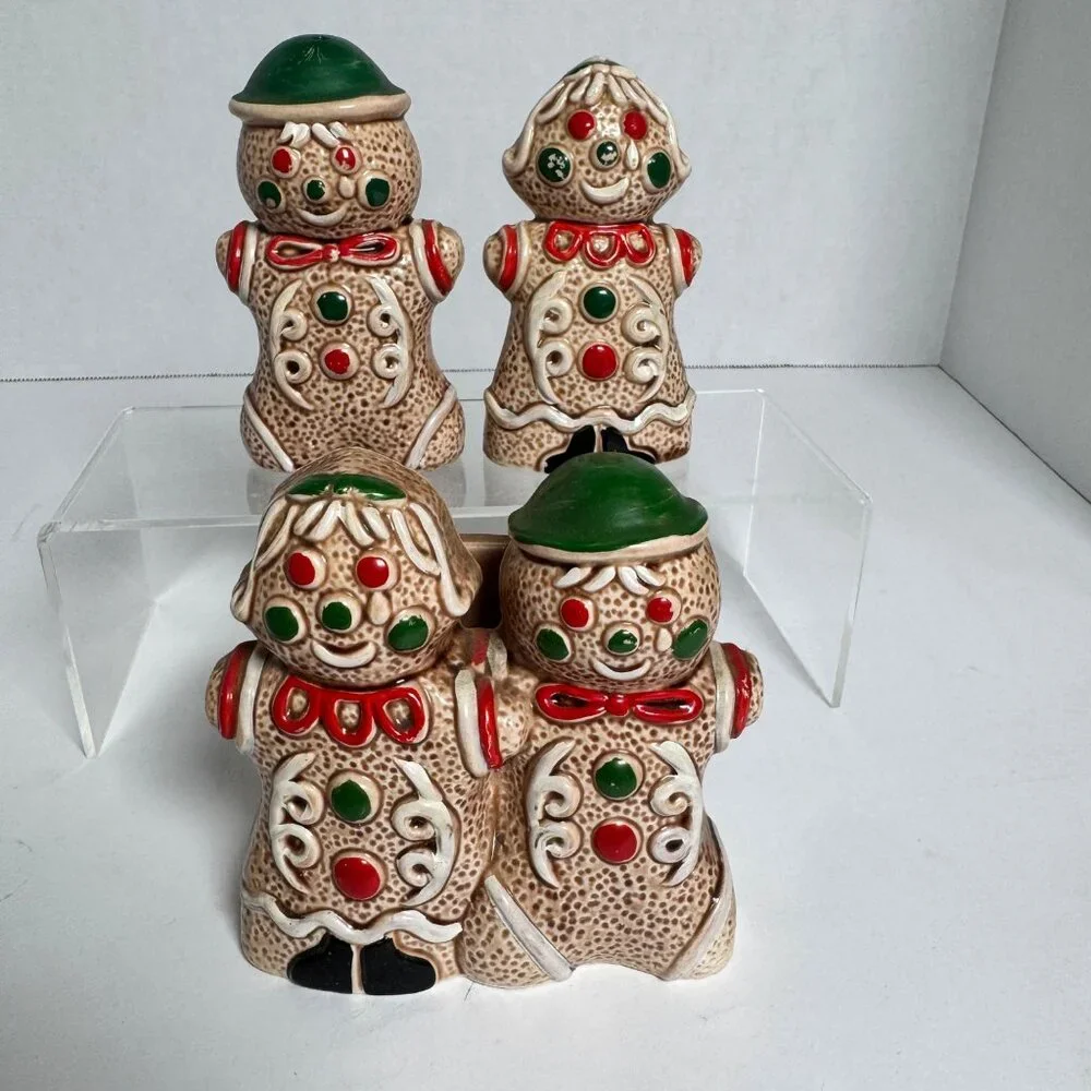 Vintage Gingerbread Man Woman Salt Pepper Shakers & Napkin‎ Holder Japan Ceramic